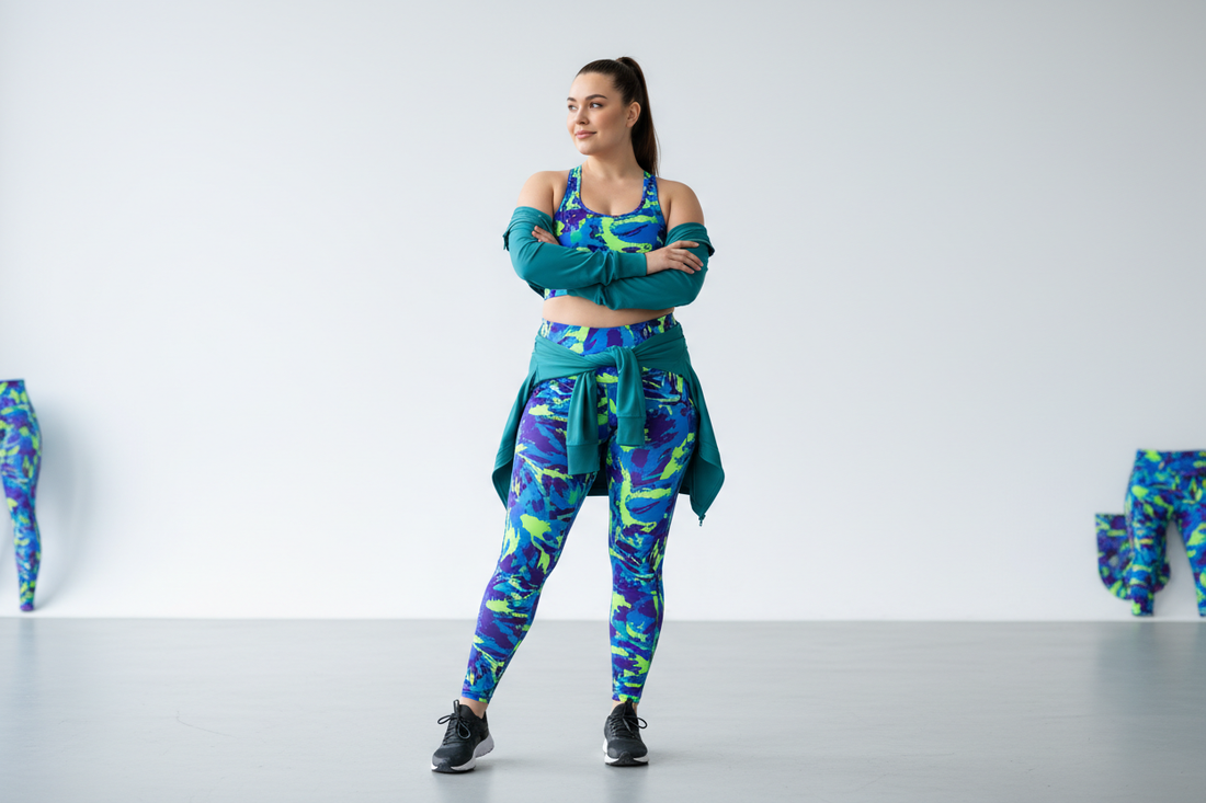 Plus-size woman in well-fitted bold print activewear demonstrating the right activewear choices