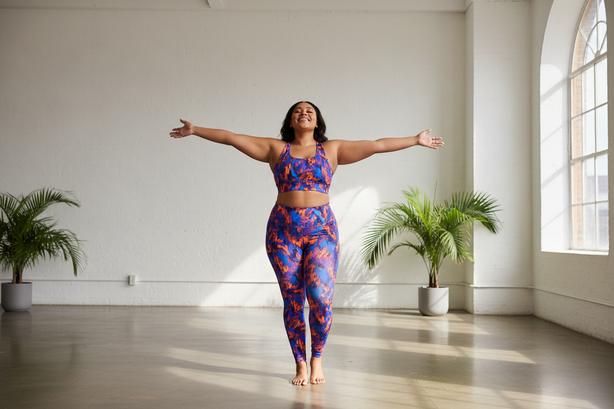 Plus-size woman in bold print activewear standing confidently with arms open wide in a bright studio
