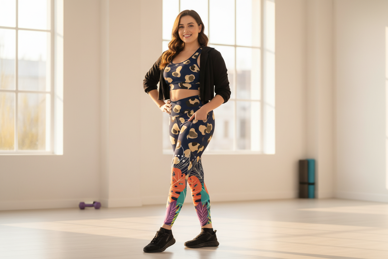 Plus-size curvy woman in on-trend bold print activewear that flatters her figure