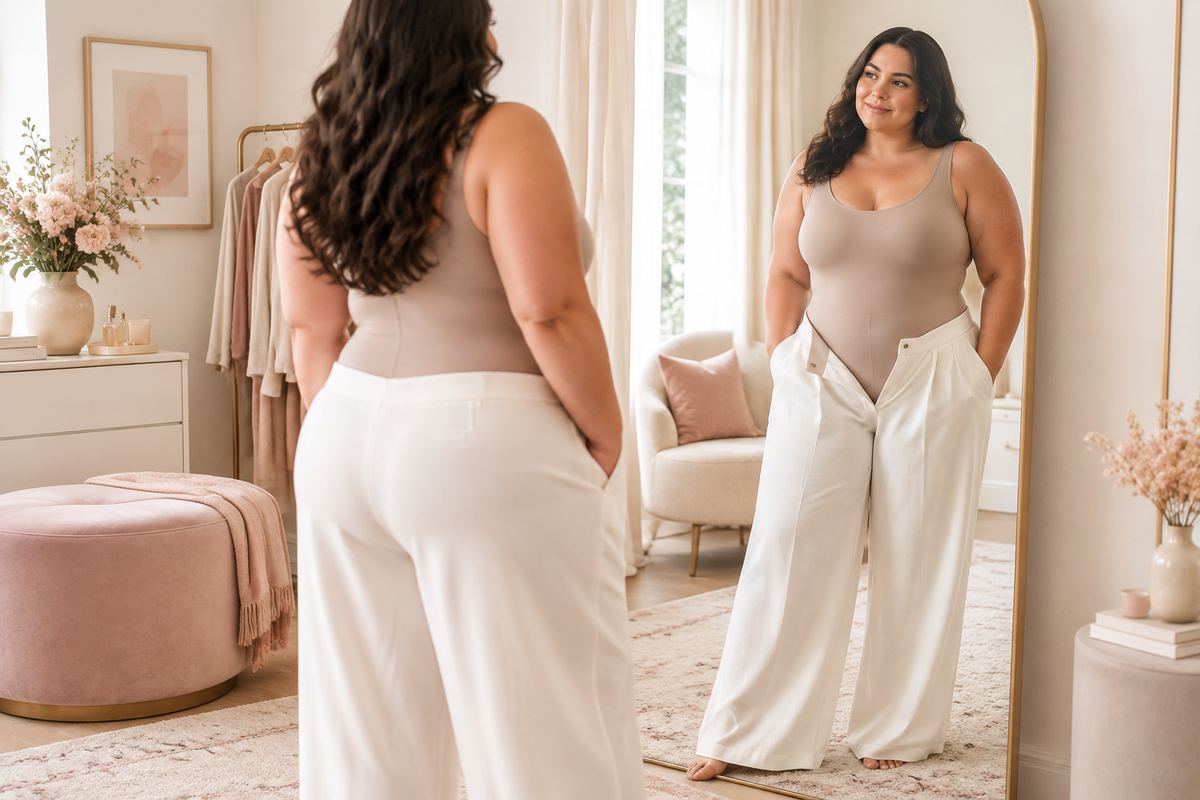 Plus size woman wearing high-waisted tummy control shapewear for a smooth midsection