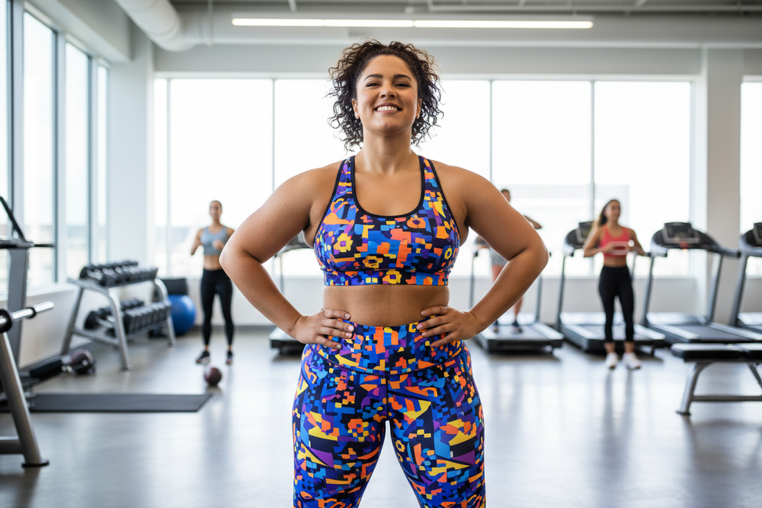 Curvy plus-size woman in bold print activewear set posing powerfully in a bright modern gym