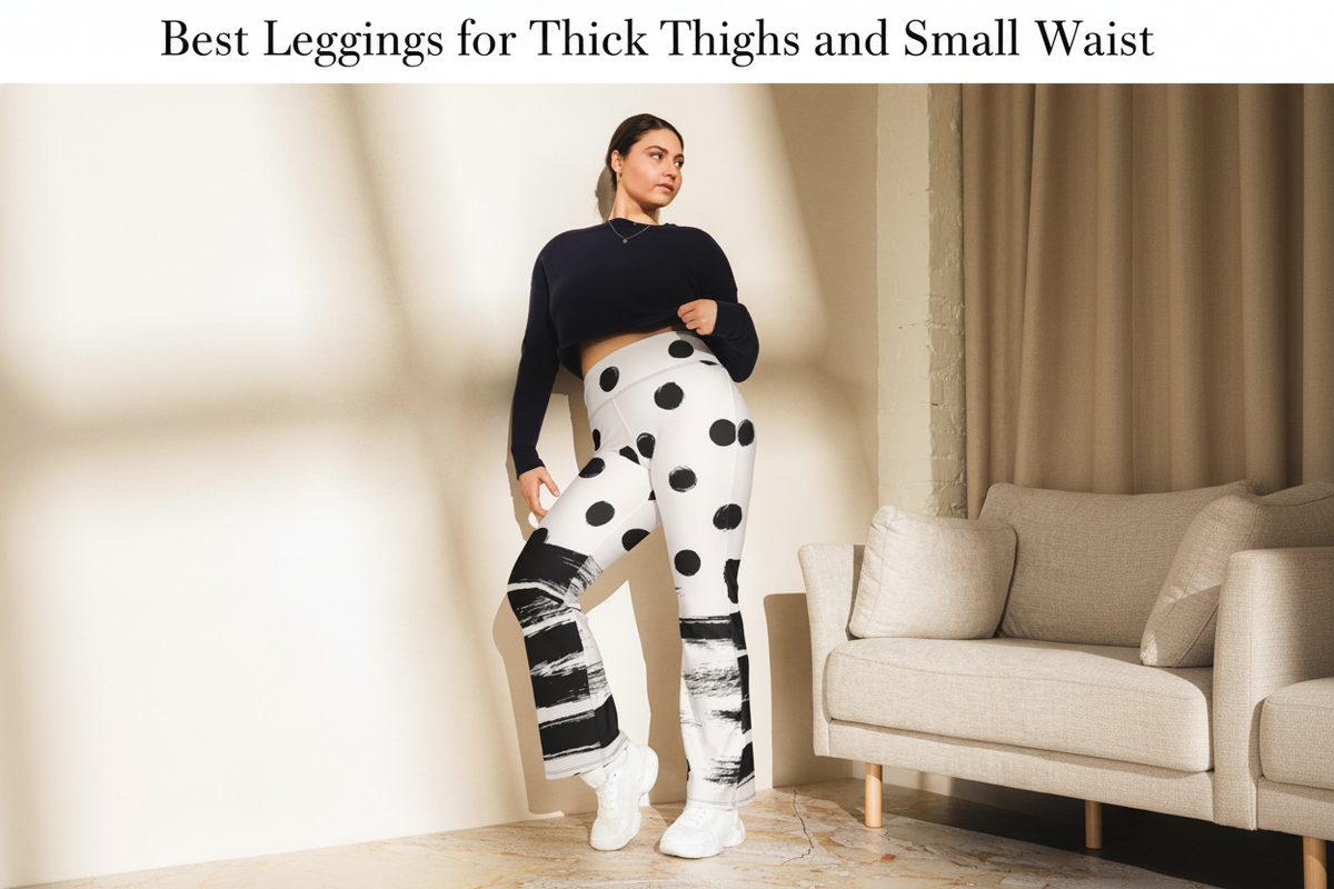Plus-size woman with thick thighs and small waist in perfectly fitting bold print leggings