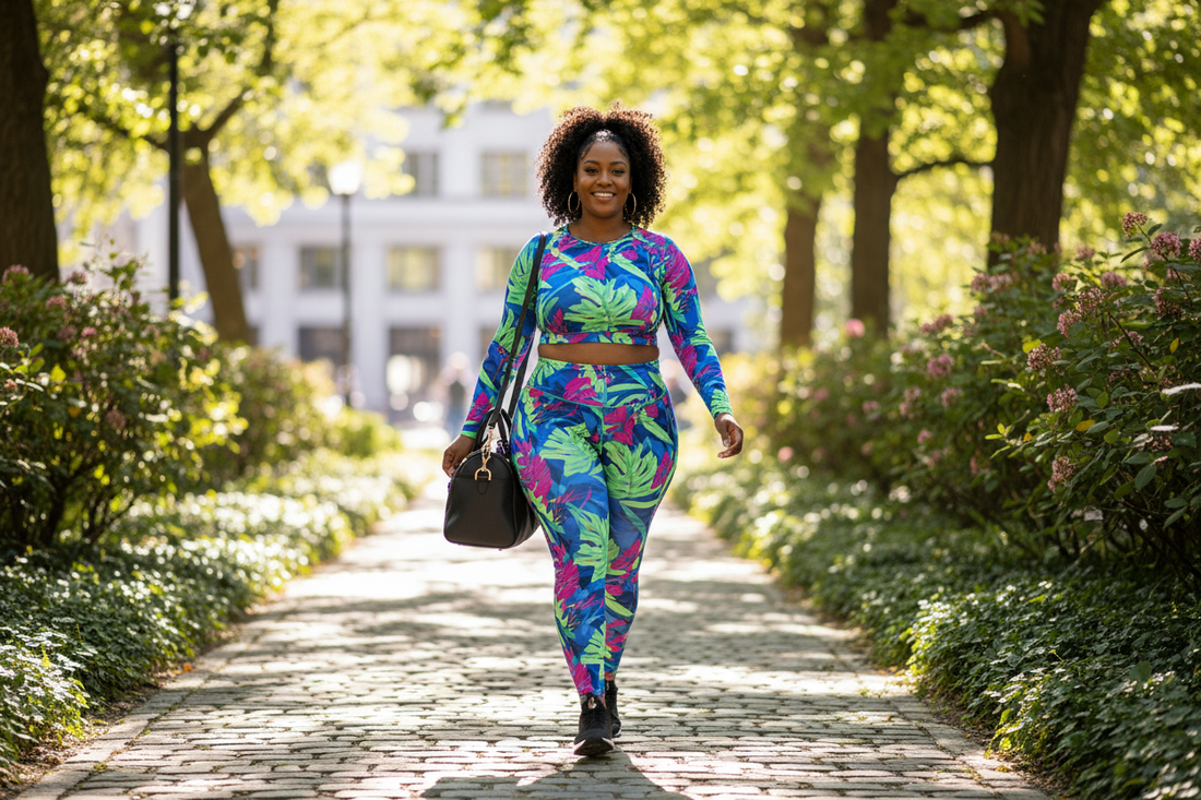 Plus-size woman walking confidently outdoors in bold print leggings on a sunny path