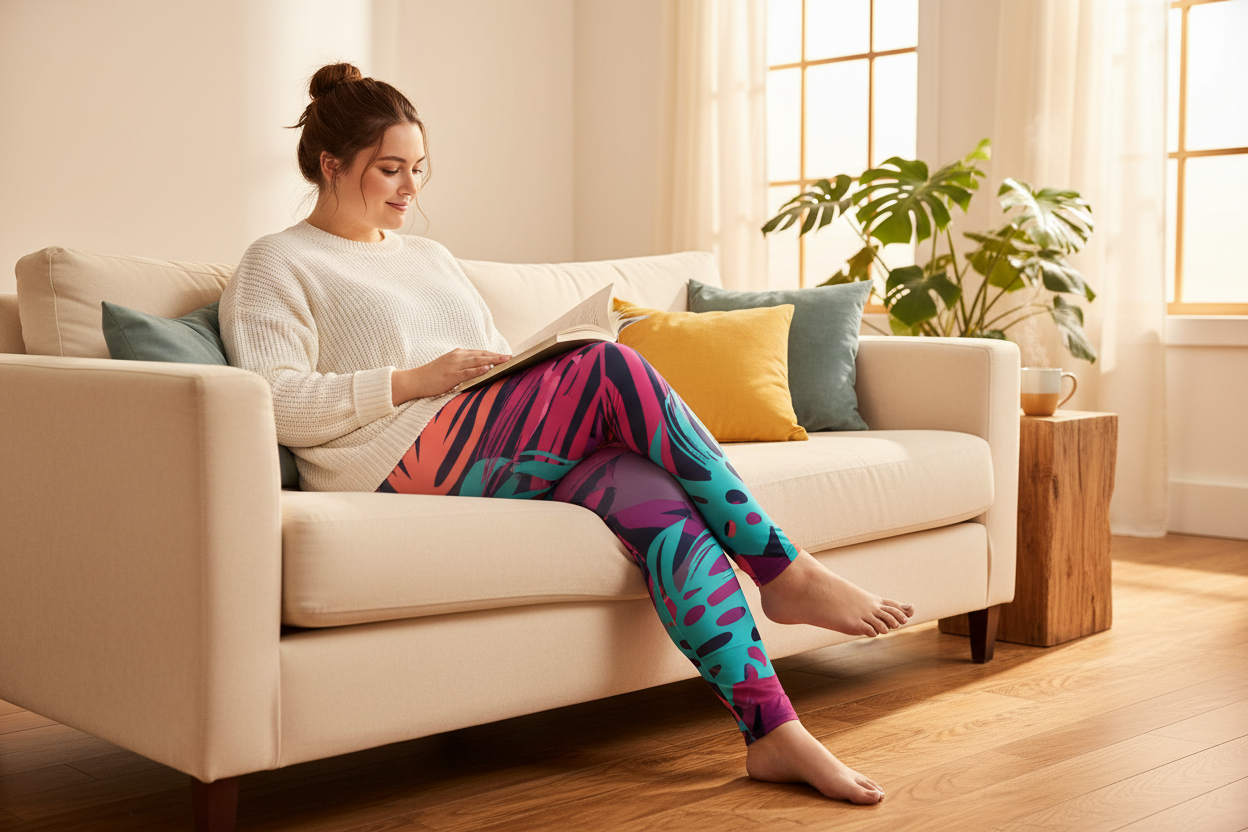 Plus-size woman lounging comfortably at home in soft bold print leggings