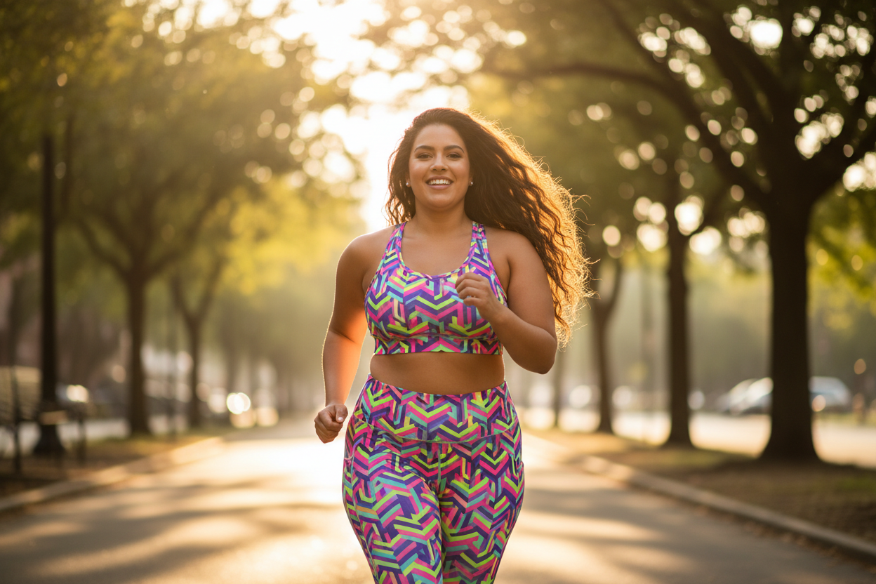 Plus-size woman running confidently outdoors in bold print leggings that stay up perfectly