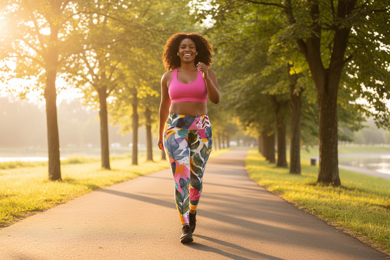 Plus-size woman walking outdoors confidently in bold print leggings
