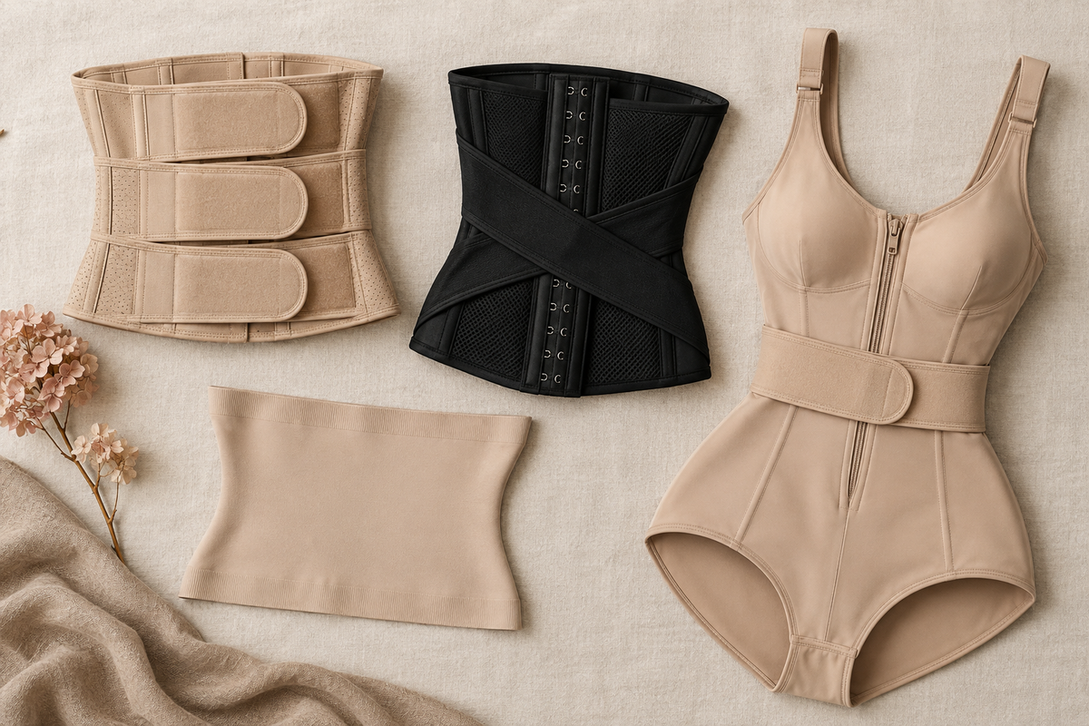 Waist shaping shapewear laid flat: triple-belt waist trainer, mesh waist cincher, seamless waist band and zip-belt sculpting bodysuit