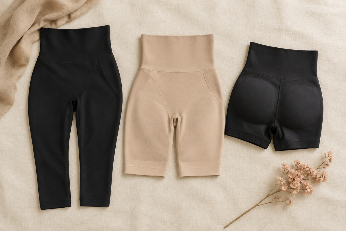 Plus size thigh shapewear laid flat: capri shaping leggings, long-leg shaper shorts and padded shaping shorts