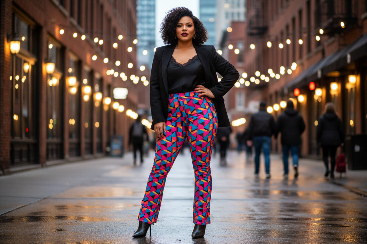 Plus-size woman in bold print leggings styled for a night out with heels and a chic top