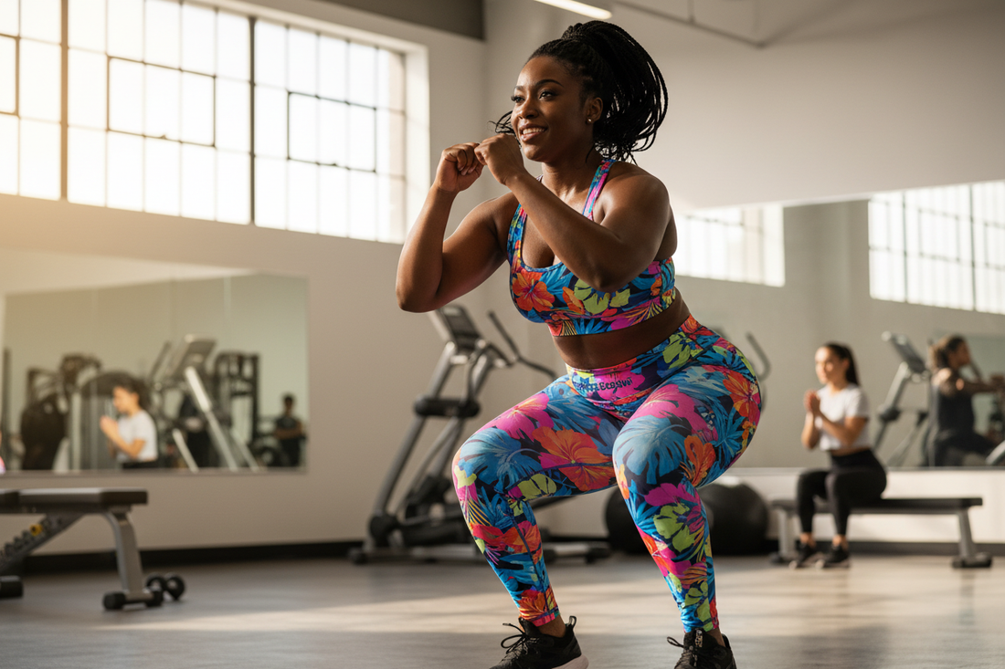 Plus size woman in bold floral print leggings and matching sports bra working out — Azalea Couture bold print activewear