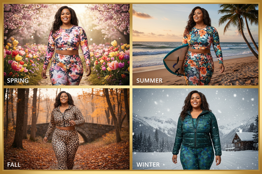 Plus-size woman in bold print activewear styled across all four seasons — spring florals, summer tropicals, fall animal prints, winter jewel tones