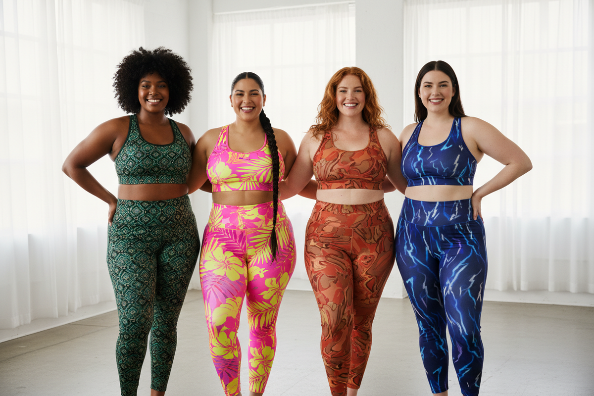 Plus-size women with various skin tones wearing bold print activewear that complements their complexion