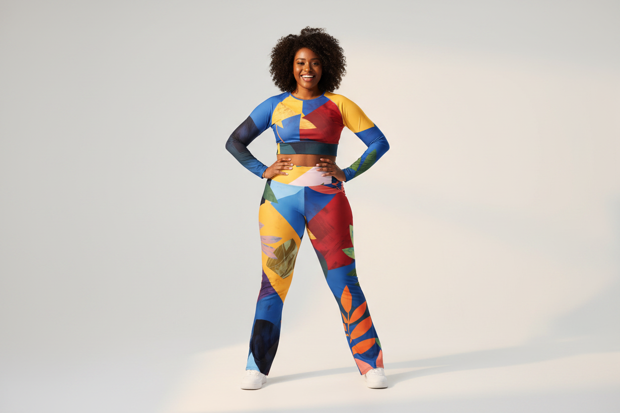 Plus-size woman split between bold print and neutral activewear showing the contrast