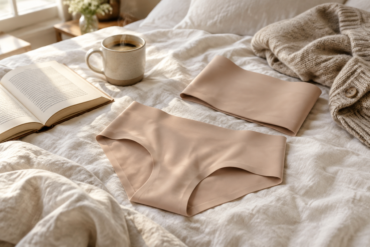 Seamless shaping brief and waist band on a linen bed beside coffee and a book