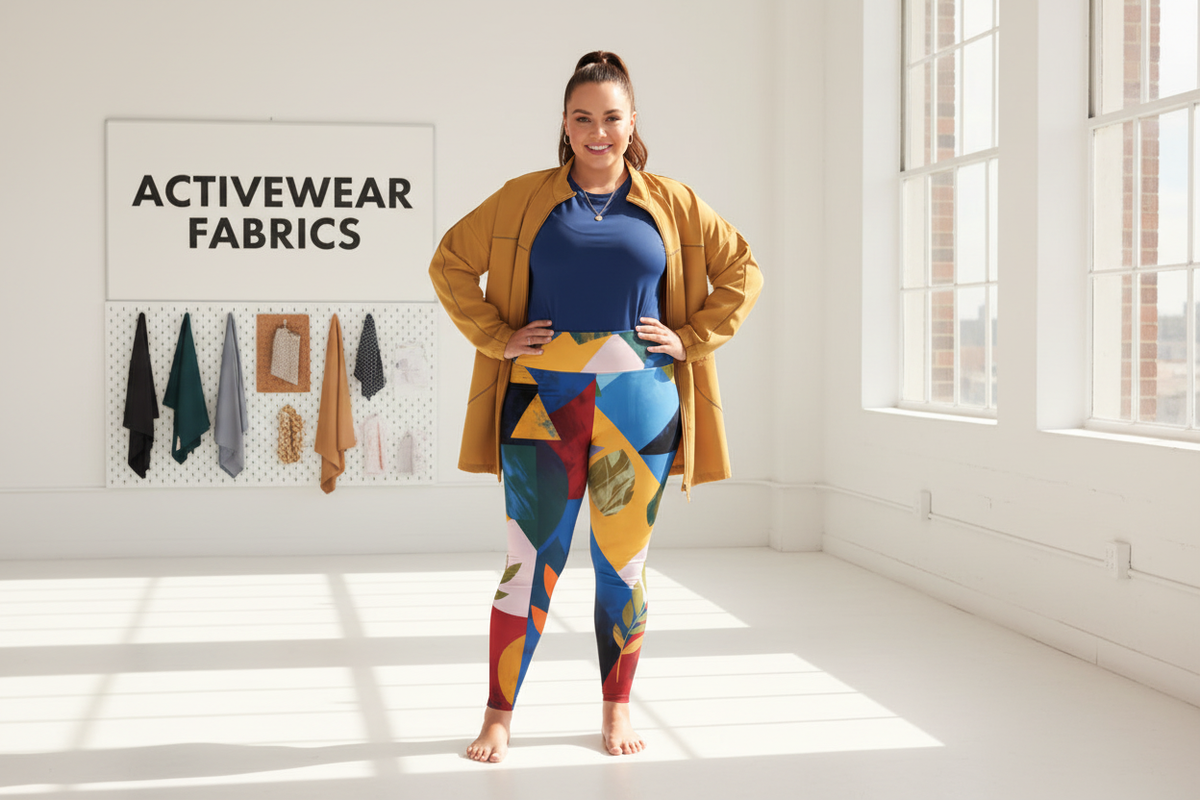 Swatches of activewear fabrics next to bold print plus size leggings showing material quality