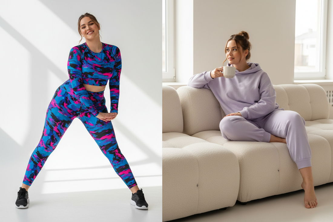 Plus-size woman comparing compression and comfort bold print leggings showing the difference in fit and support
