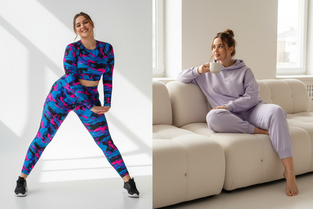 Plus-size woman comparing compression and comfort bold print leggings showing the difference in fit and support