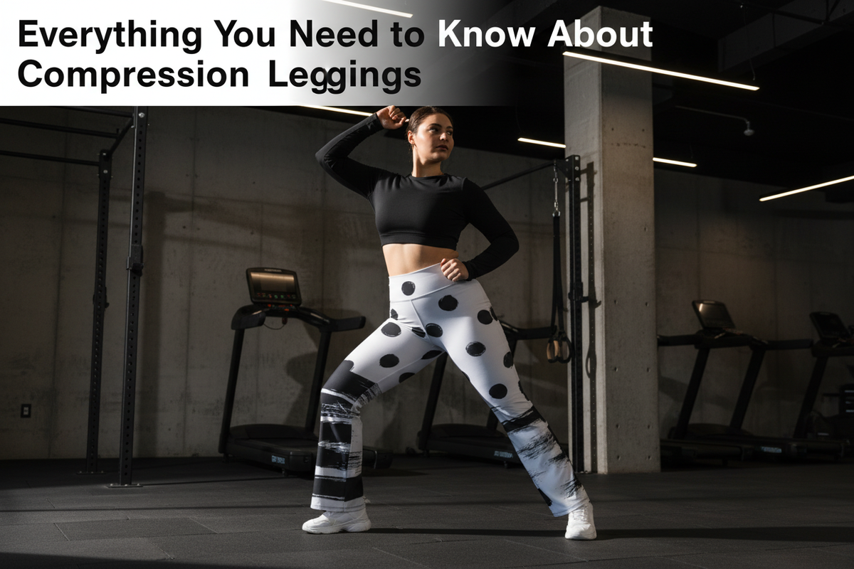 Plus-size woman in compression bold print leggings showing supportive fit during a workout