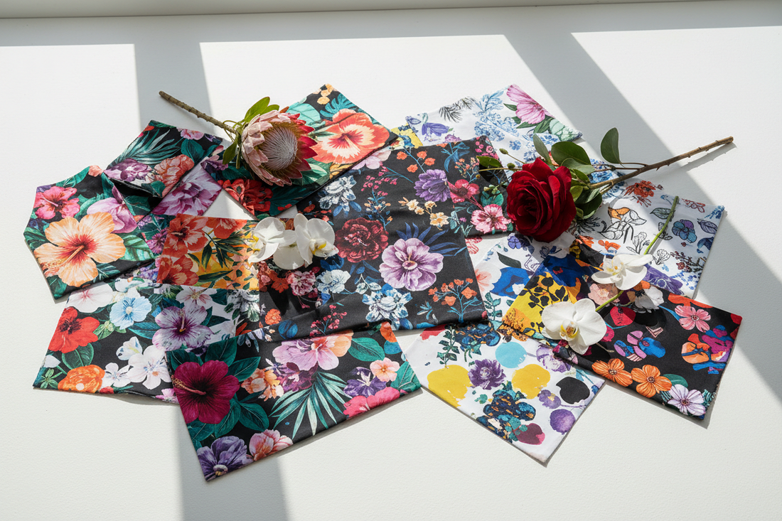 Flat lay of bold floral print activewear fabric swatches — tropical, dark moody, botanical, and abstract florals — arranged with fresh flower accents on a white surface