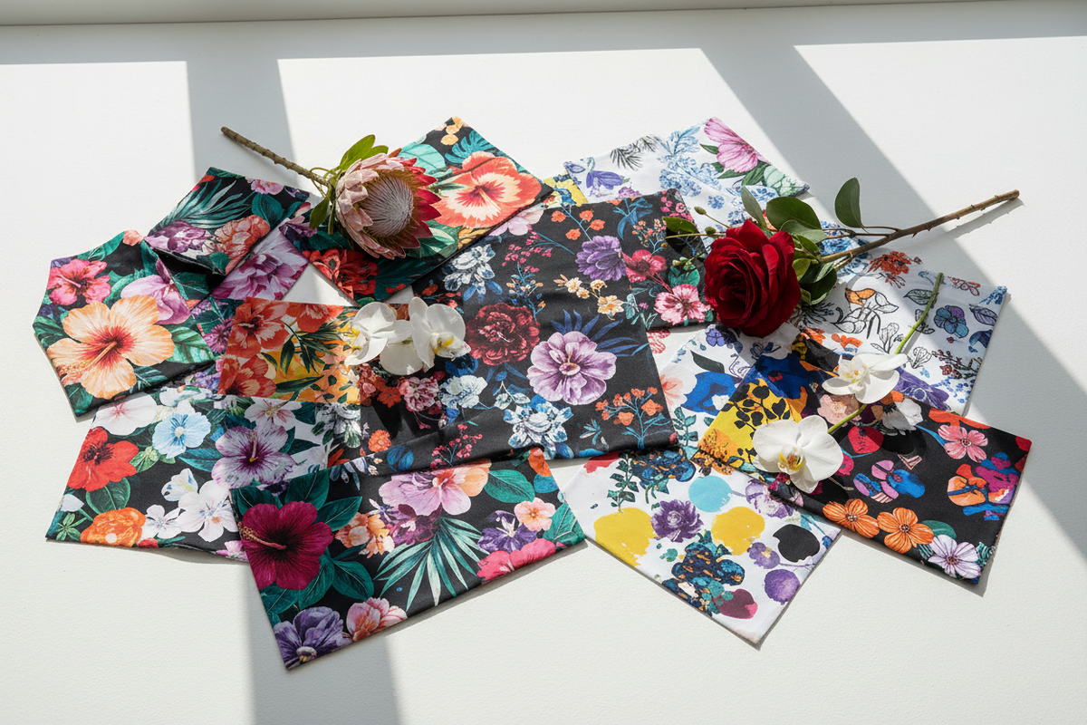 Flat lay of bold floral print activewear fabric swatches — tropical, dark moody, botanical, and abstract florals — arranged with fresh flower accents on a white surface