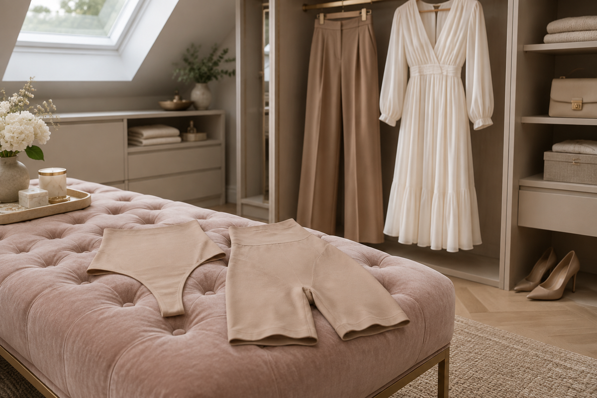 Nude high-waisted shaping thong and shaping shorts on a blush velvet bench in a walk-in closet