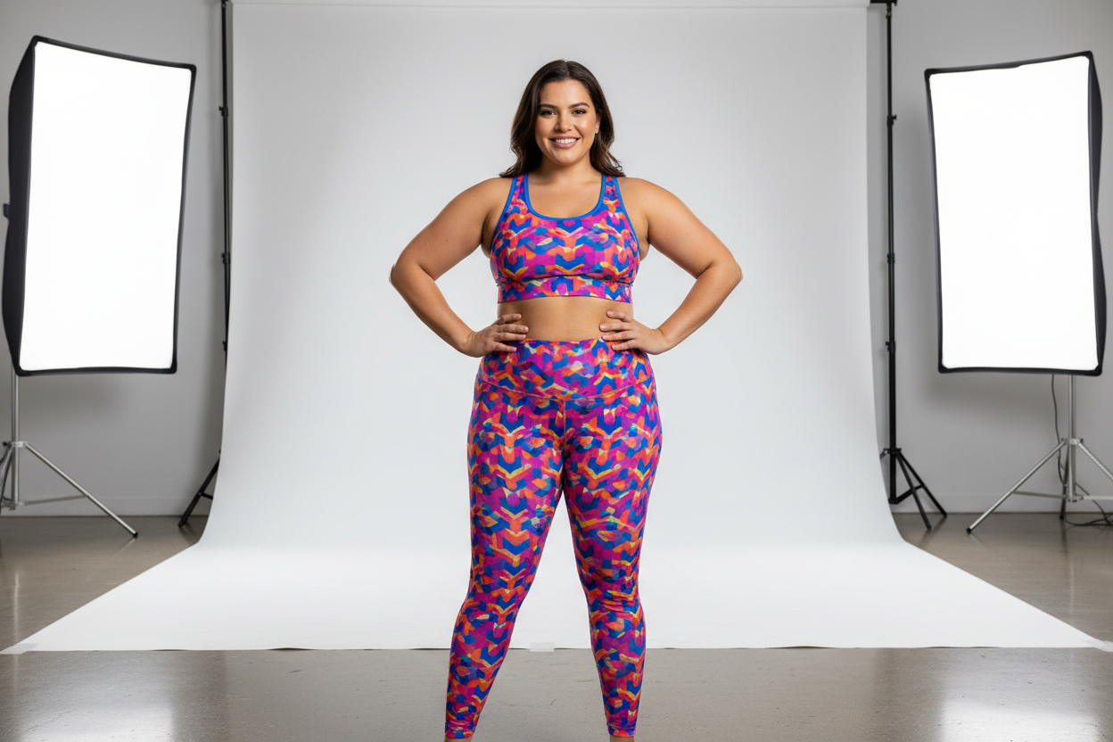 Plus-size woman in a deep squat in bold print leggings demonstrating full opacity and squat-proof performance
