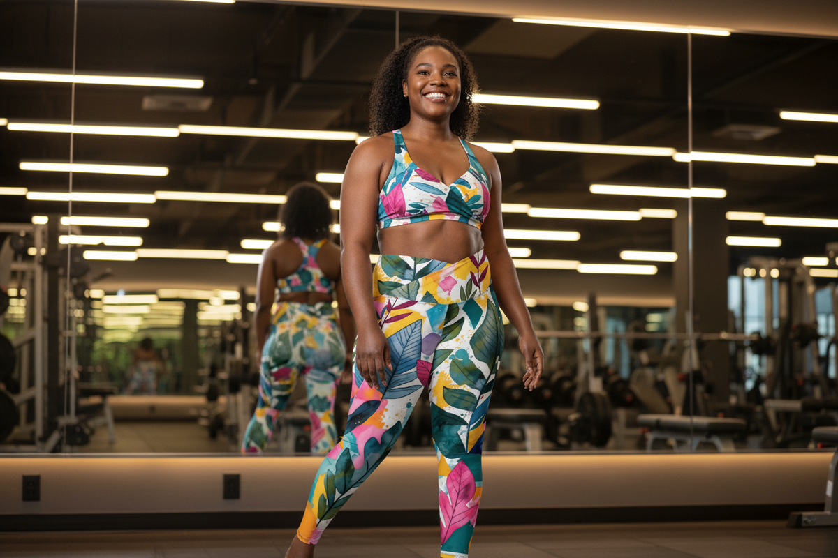Plus-size woman in cute bold print workout outfit smiling confidently at the gym