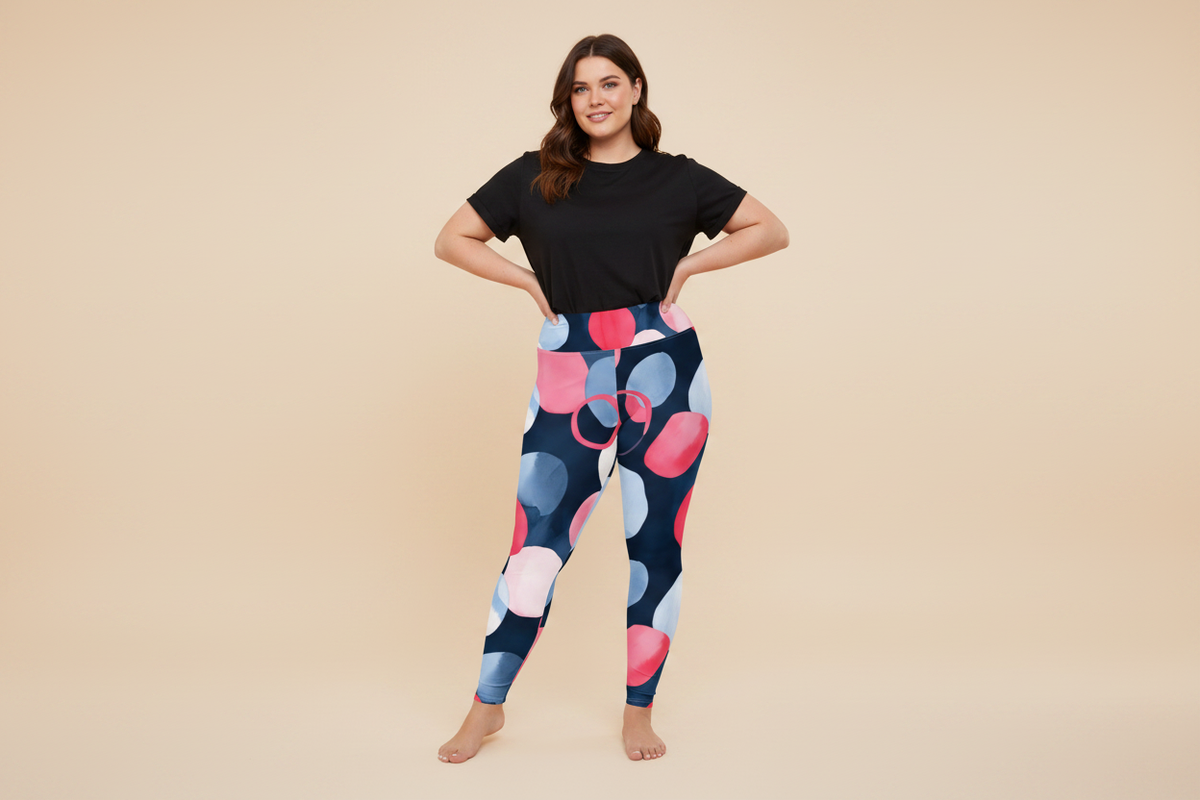 Plus-size woman showing the perfect leggings fit — snug but comfortable with no digging