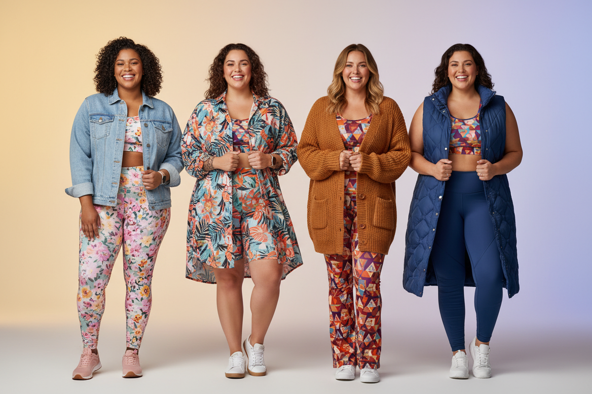Plus-size woman layering bold print activewear with a zip-up hoodie for a stylish seasonal look