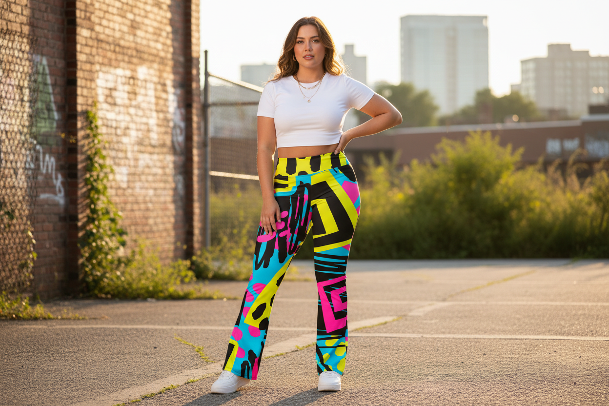 Plus-size woman styling colorful bold print leggings with a casual top in an everyday setting