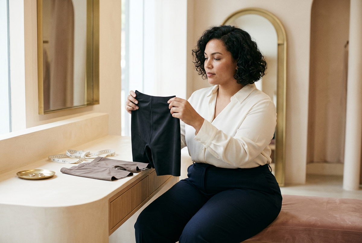 Plus-size woman examining black shaping shorts at a dressing-room table with a taupe garment and measuring tape