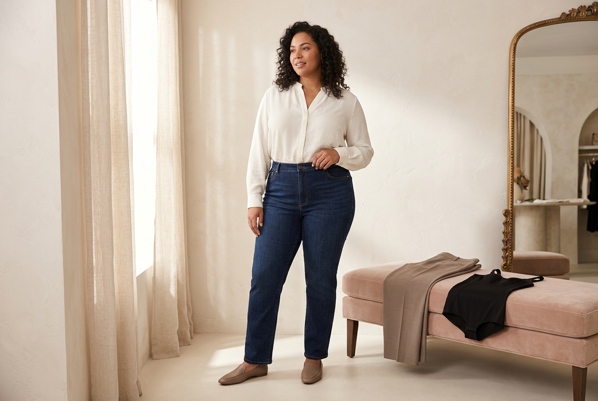 Plus-size woman in an ivory blouse and dark jeans beside taupe trousers and a black bodysuit on a blush bench