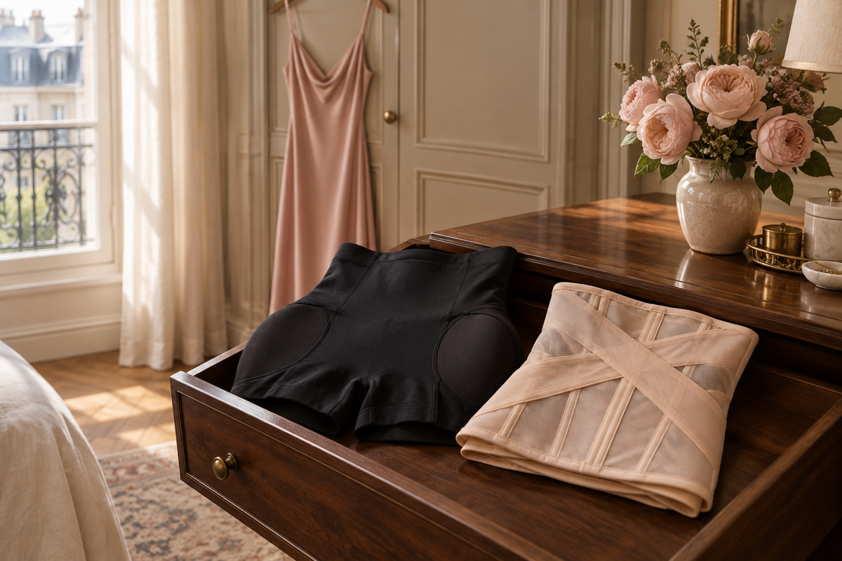 Padded hip shaping shorts and a mesh waist cincher in a sunlit bedroom dresser drawer