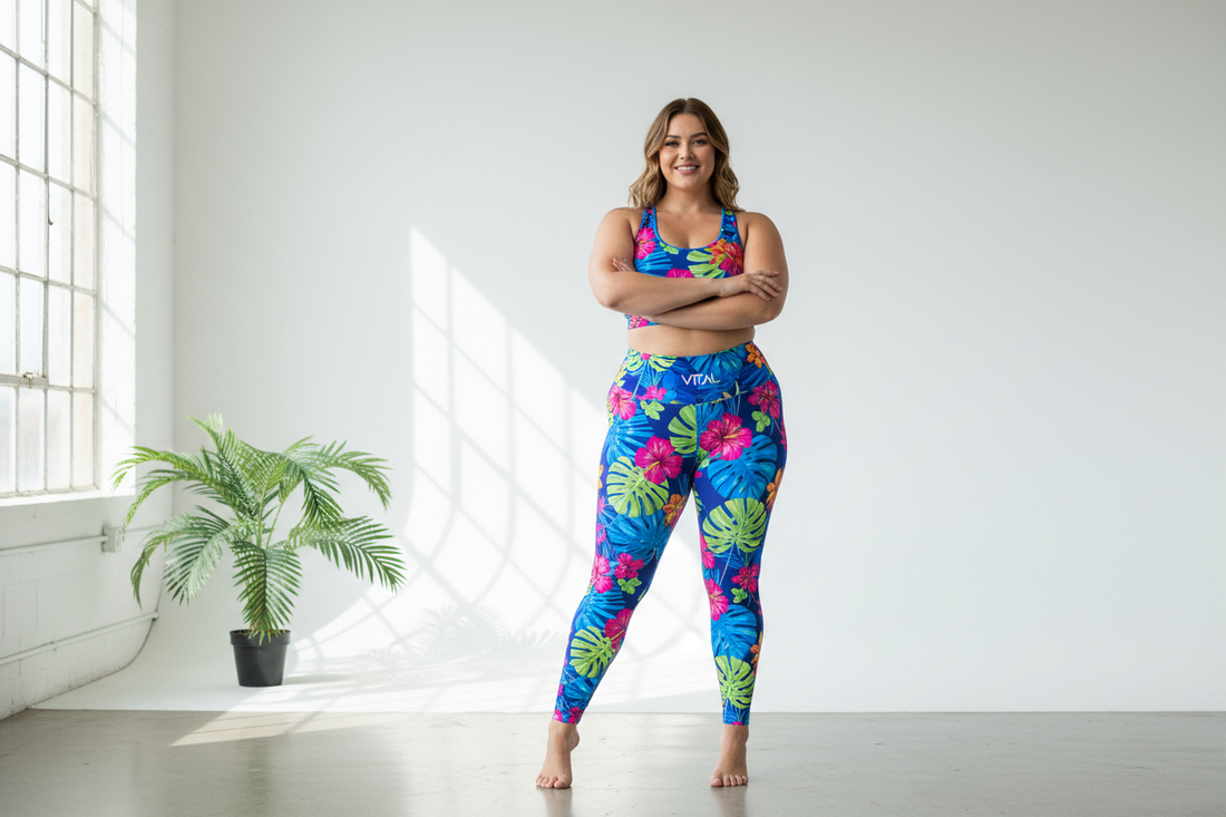 Plus size woman in a bold tropical print matching activewear set — Azalea Couture plus size matching sets