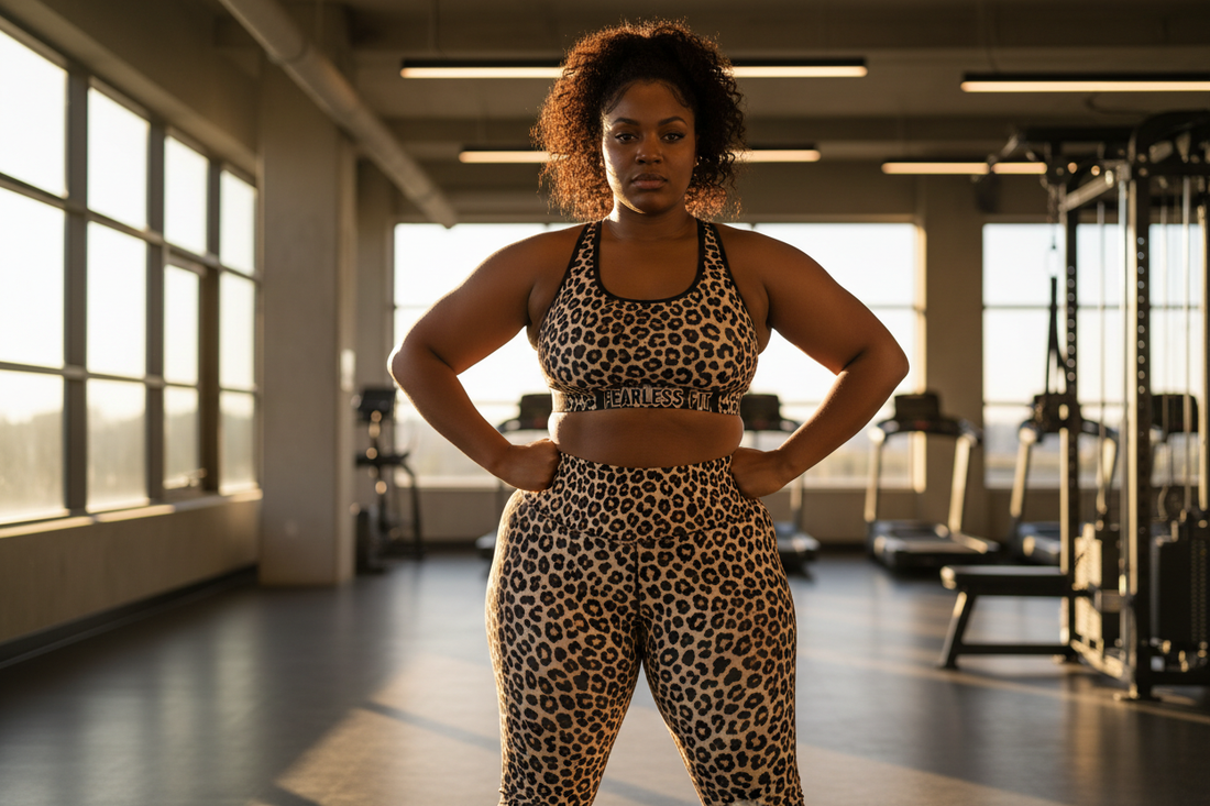 Plus size woman with curves in bold leopard print leggings and matching sports bra in a gym — Azalea Couture plus size animal print activewear