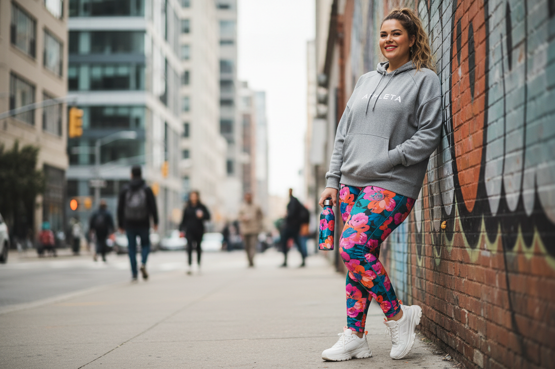 Plus size woman in bold floral print leggings and oversized hoodie in a street style setting — Azalea Couture plus size athleisure outfits