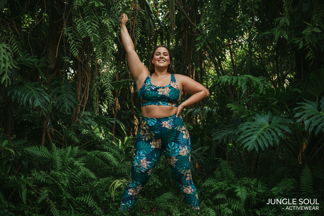 Plus size woman with visible curves in deep jungle botanical print leggings and matching sports bra outdoors surrounded by lush greenery — Azalea Couture plus size botanical print activewear
