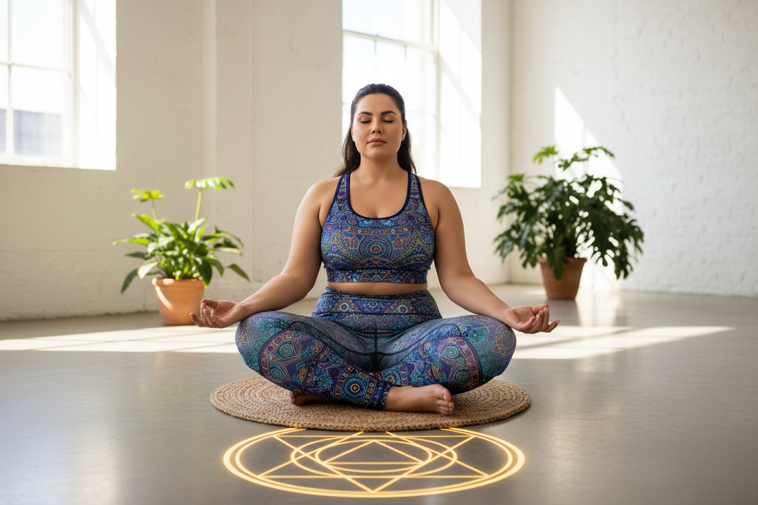 Plus size woman with visible curves in jewel-tone mandala print leggings and matching sports bra in a meditation pose — Azalea Couture plus size mandala print activewear