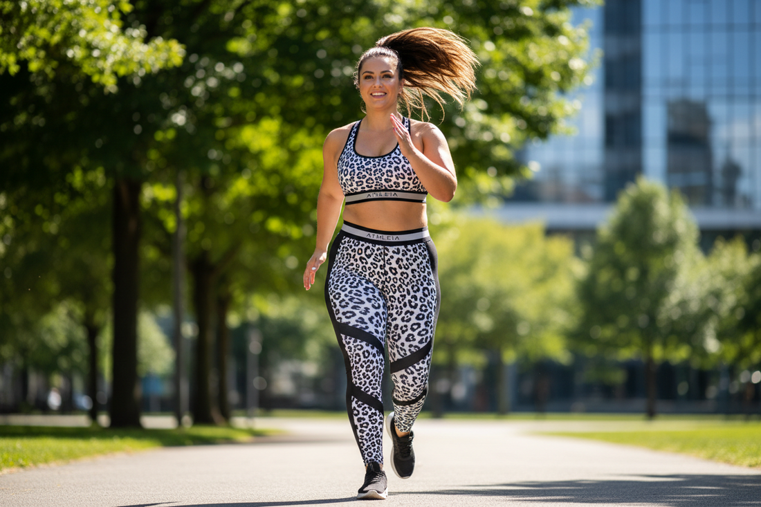 Plus size woman mid-stride running outdoors in bold animal print leggings and high-impact sports bra — Azalea Couture plus size running gear