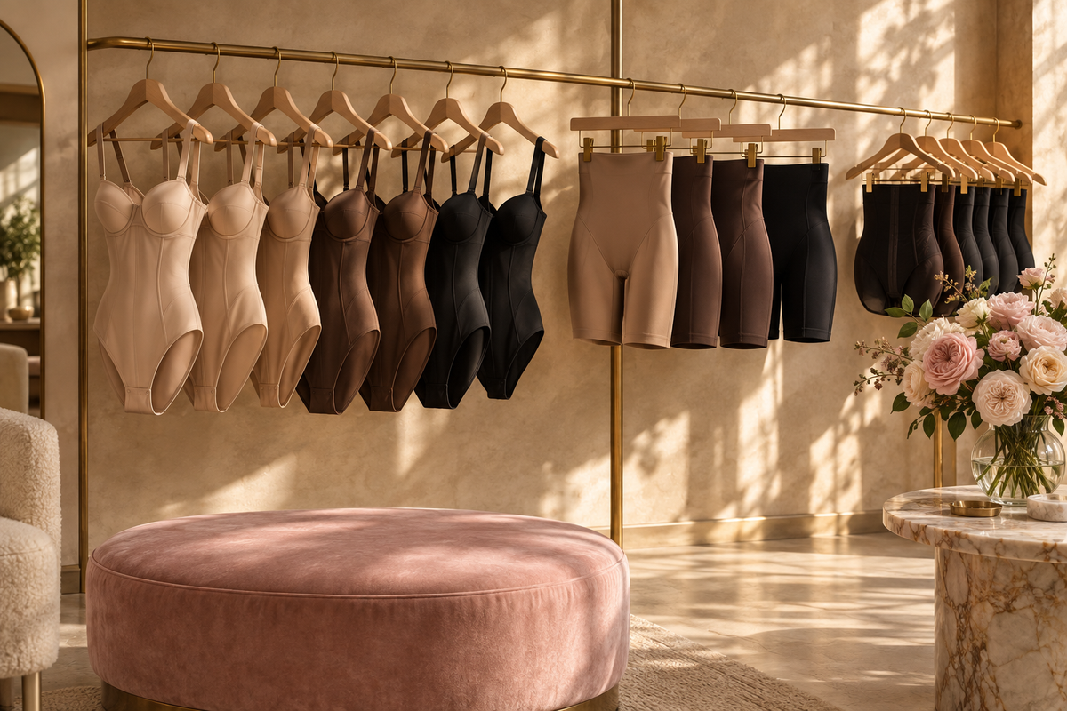 Plus size shaping bodysuits and shorts on a boutique rail in warm afternoon light