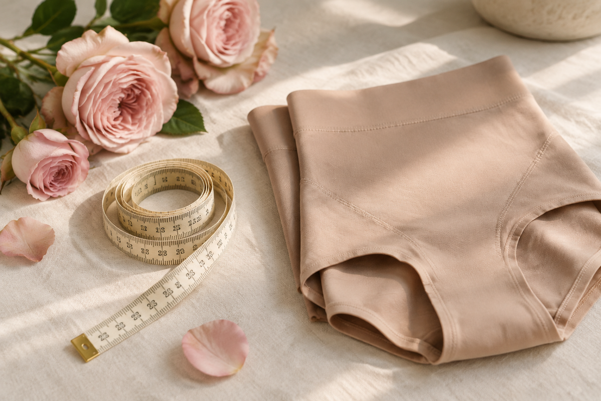 Tailor measuring tape beside a folded nude high-waist shaping brief and blush roses, plus size shapewear sizing guide