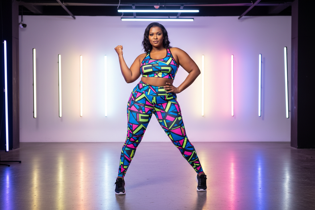 Plus size woman with visible curves in bold neon geometric print leggings and matching sports bra — Azalea Couture plus size statement activewear