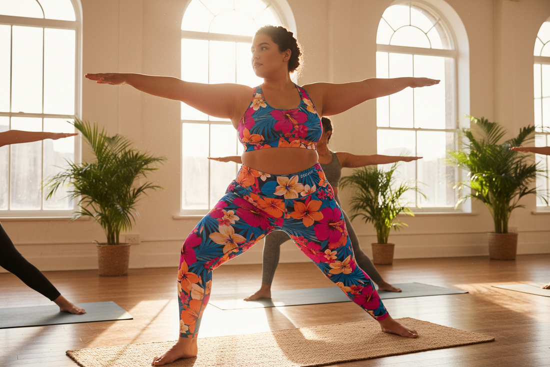 Plus size woman with visible curves in bold floral print leggings and sports bra in a beginner yoga pose — Azalea Couture plus size yoga clothes for beginners