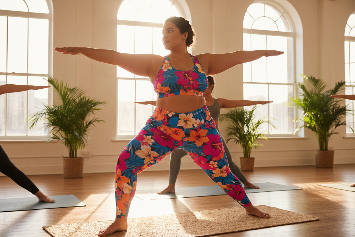 Plus size woman with visible curves in bold floral print leggings and sports bra in a beginner yoga pose — Azalea Couture plus size yoga clothes for beginners