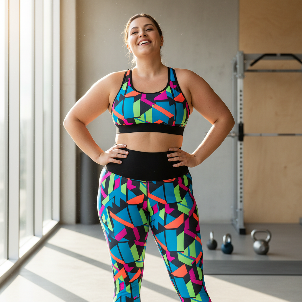 plus size high waisted bold print leggings wide waistband vibrant all-over pattern worn by confident plus size woman