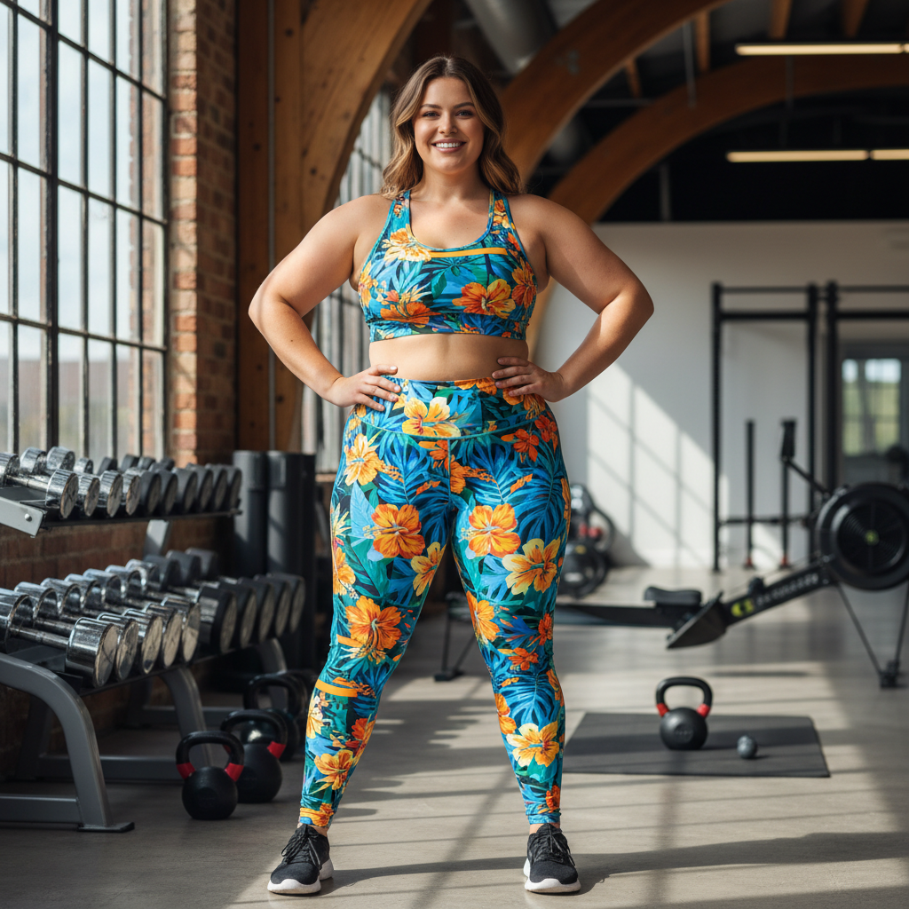 plus size matching gym sets bold print coordinated sports bra and leggings worn by confident plus size woman