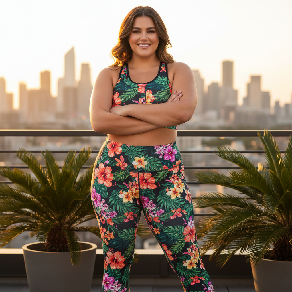 plus size tropical print activewear bold botanical hibiscus leggings and sports bra worn by confident plus size woman