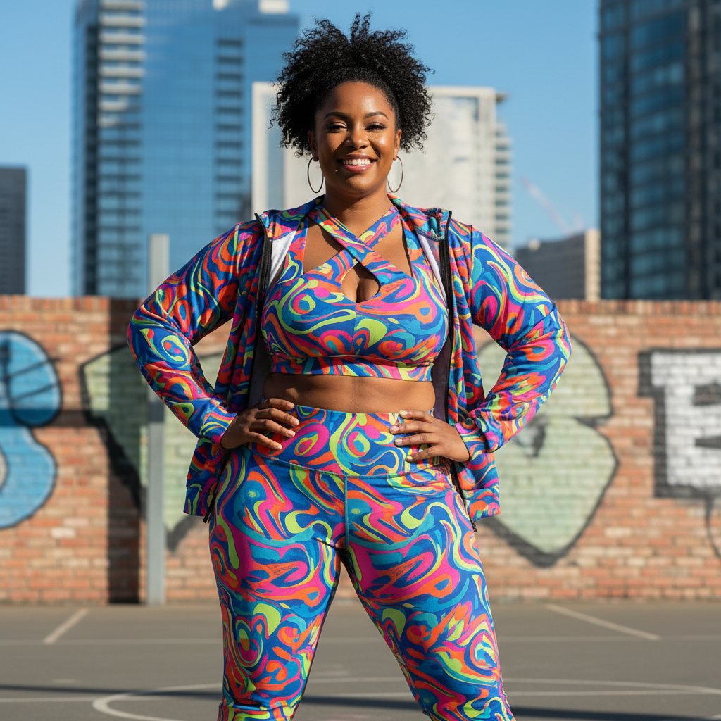 plus size activewear outfits bold print complete styled look leggings sports bra jacket plus size woman