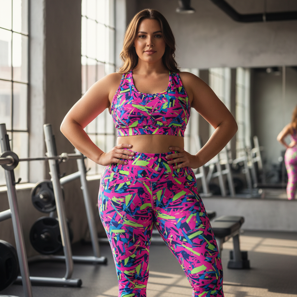plus size neon activewear bold bright print leggings and sports bra worn by confident plus size woman