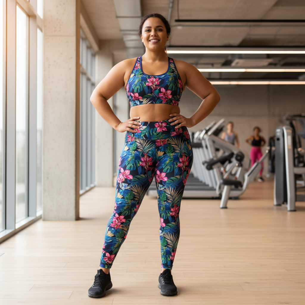 plus size bold print sports bra and leggings matching set worn by confident plus size woman in gym
